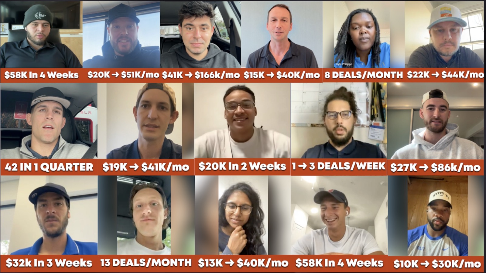 Grid of client results — before and after monthly income and deal counts